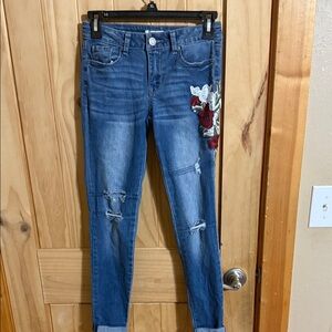 Mudd Blue Jeans with Red Floral Embroidery